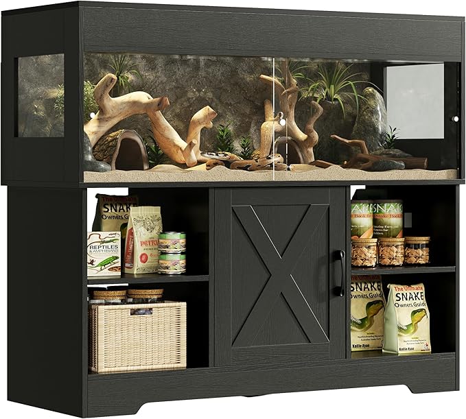 60 Gallon Reptile Tank with Stand, Terrarium Tank with Storage Cabinet, for Lizards, Skinks, Snakes, Sliding Acrylic Doors, Mesh Top, Built-in Power Outlet Black PX02RTB