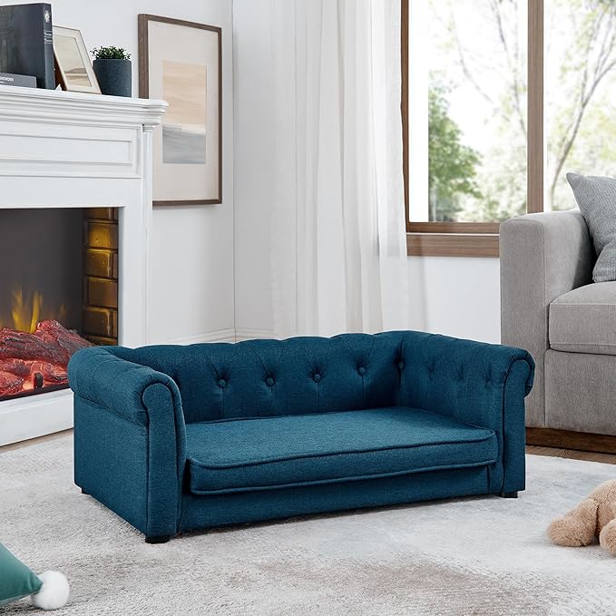 Dog Sofa Couch for Medium to Large Dogs, Memory Foam Dog Couch with Washable Fabric, Removable Cushion, Sofa Bed for Medium and Large Dogs, Blue