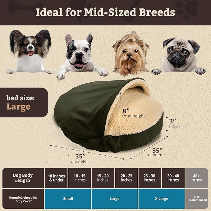 Snoozer Cozy Cave Dog Bed - Indoor Dog Bed with Cover Cave, Covered Calming Burrow for Small & Medium Sized Pets with Blanket Attached, Enclosed, Removable Washable Cover - Large, Olive