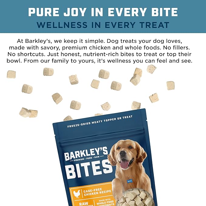 Barkley’s Bag Chicken Bites, Freeze Dried Dog Treats & Food Topper, Made with Chicken and Brown Rice, Small Bite-Sized Pieces for Training Rewards, for All Dog Breeds, Ages & Sizes, 4 Oz Bag (6 Pack)