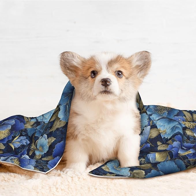 Waterproof Dog Blanket Soft Pet Blanket for Puppy Cat, Fleece Cat Throw Blankets for Furniture Bed Couch Sofa Reversible - Vintage Blue Floral 1