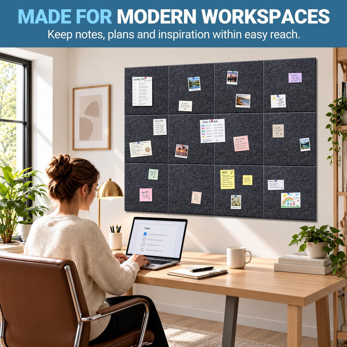 Hiksuky EcoCork Pro 48"x36" Modular Felt Wall Panels - 12 Pack Recycled Felt Tiles with Damage-Free Adhesive, Customizable Cork Board Alternative for Office & Home Decor Gray