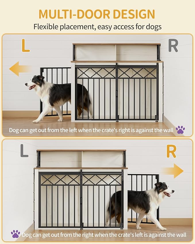 39.4'' Dog Crate Furniture, Large Wooden Dog Crate with Storage and 3 Doors, Indoor Kennel for Medium/Large Dogs, End Table with Barn Door, Chew-Proof and Escape-Proof, White Brown DFC87414B