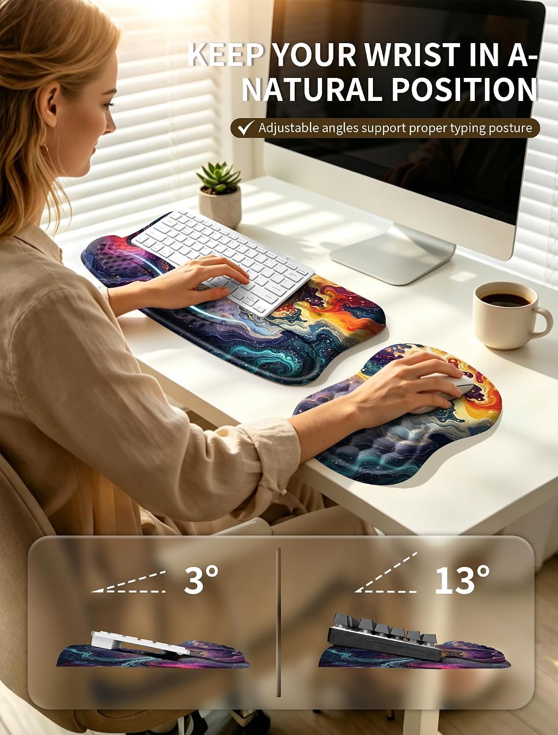 Ergonomic Keyboard Stand and Mouse Pad Set, Adjustable 3°/13° Keyboard Riser with Wrist Rest, 8° Massage Mouse Pad, Memory Foam Wrist Support, Non-Slip PU Base for Office & Gaming, Starry Sky