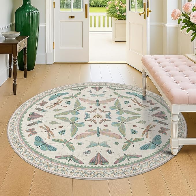 Insect Light Green 5ft Round Area Rug