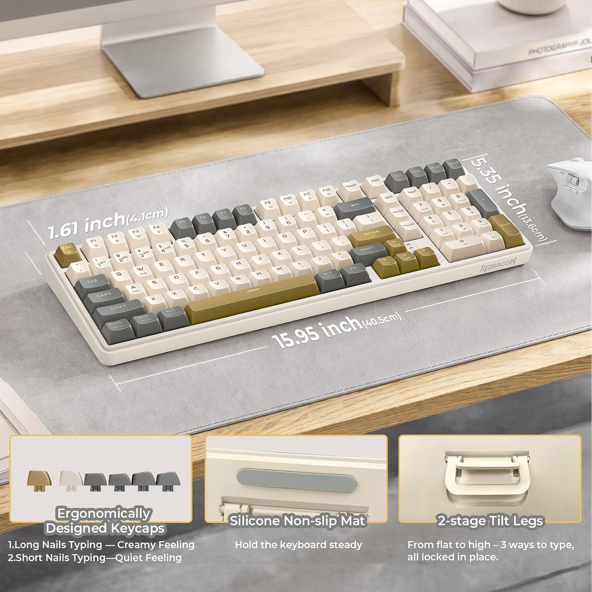 Redragon K528 Wireless Gaming Keyboard Bluetooth Computer Keyboards Creamy Cute with Number Pad RGB Backlit Tri-Mode BT/2.4GHz/USB-C, 4000mAh Battery for Win/MAC- Dusty Olive