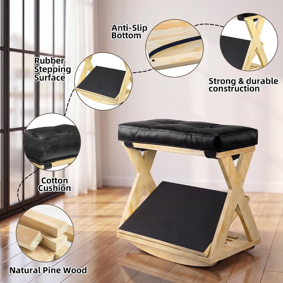 Under Desk Adjustable Footrest, Wood Rocking Footrest, Non-Slip