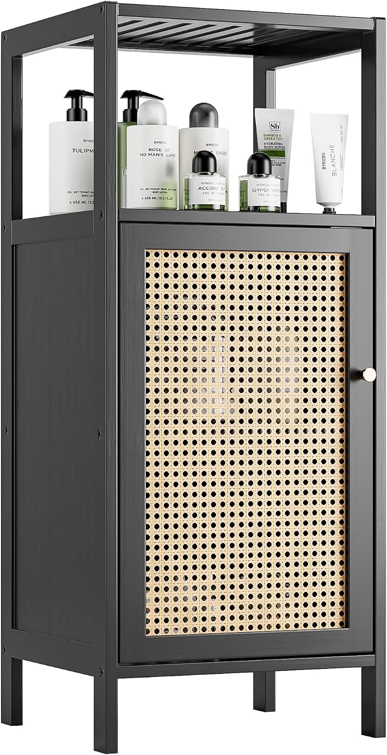 Bamboo Floor Rattan Cabinet, Small Bathroom Storage Organizer Rack with 1 Door and 1 Shelf, Space Saving Wood Kitchen Cupboard, Hallway Side Table, Living Room Freestanding Stand (Black)