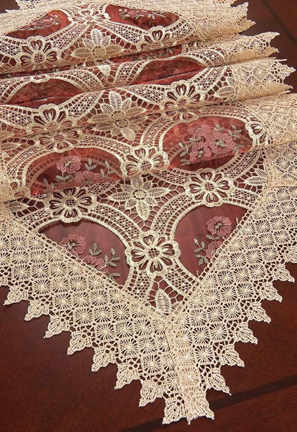 Beige Embroidered Lace Table Runners Dresser Scarves 16 × 48 Inch