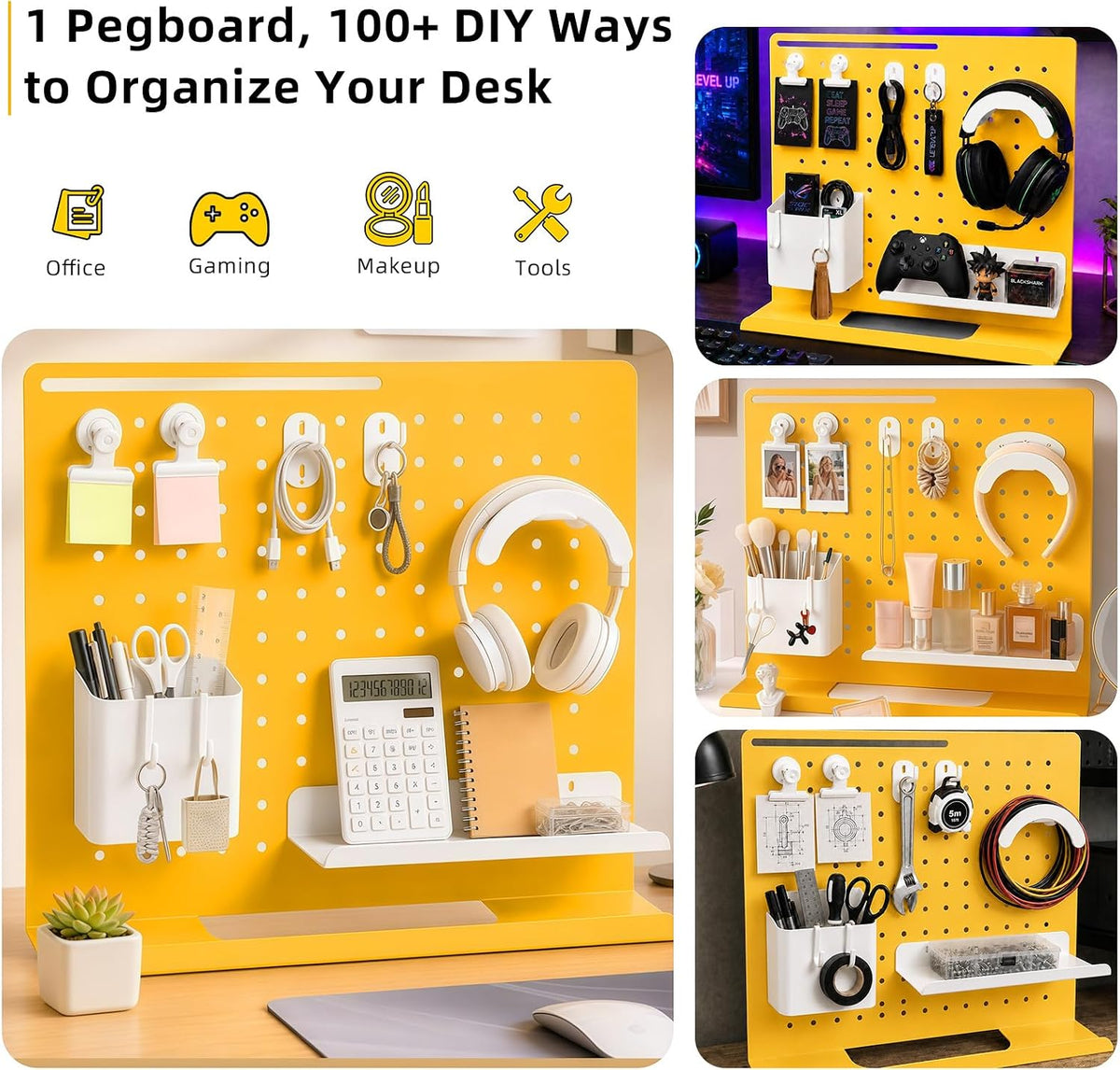 Metal Desk Pegboard Organizer, No Drill Modular Storage Kit 10 Accessories 15.8x11.8in White Yellow for Office Vanity