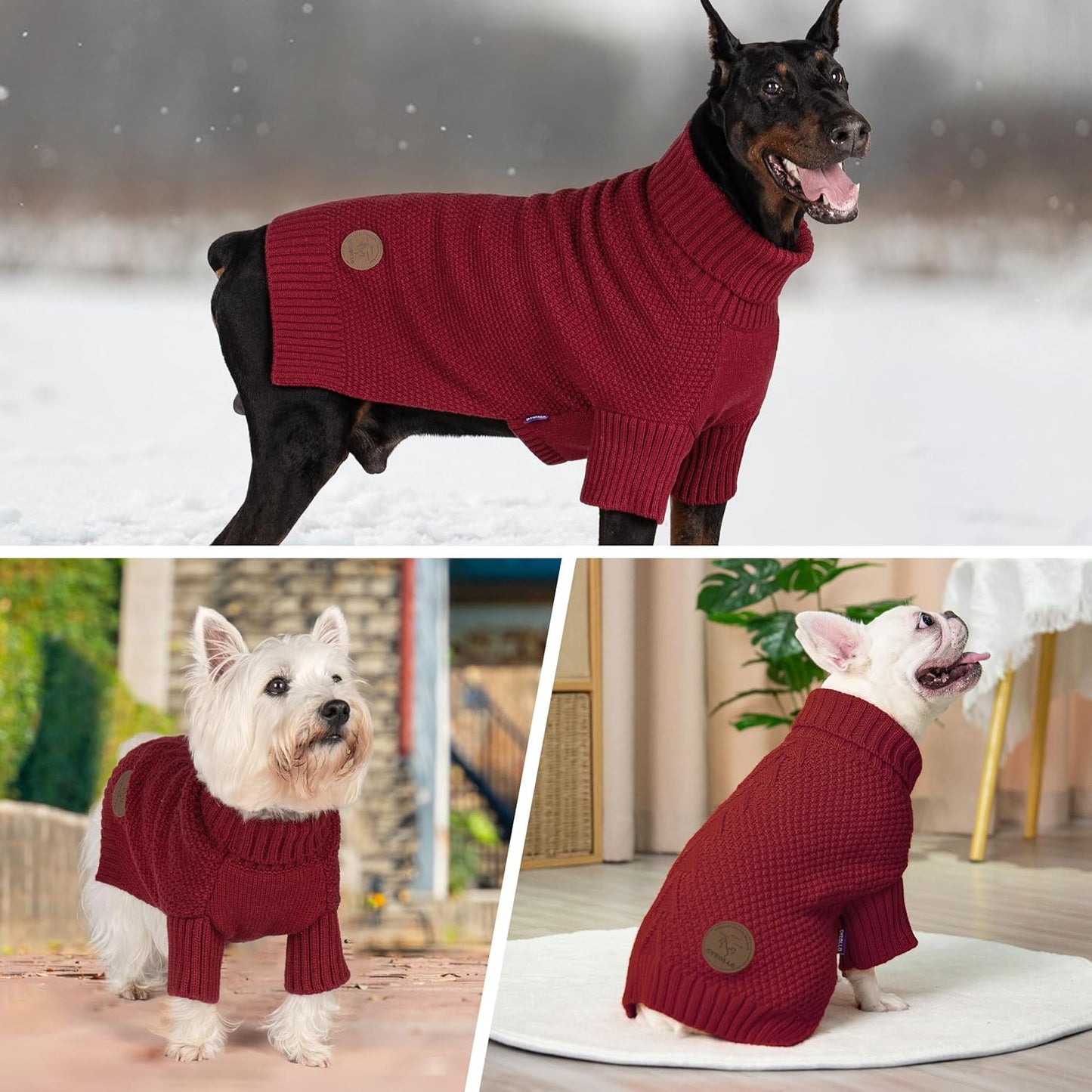 cyeollo Turtleneck Dog Sweater Soft Knitted Sweaters with Leash Hole Pet Clothes for Cold Day Pet Small Medium Dog Sweaters, Burgundy XL