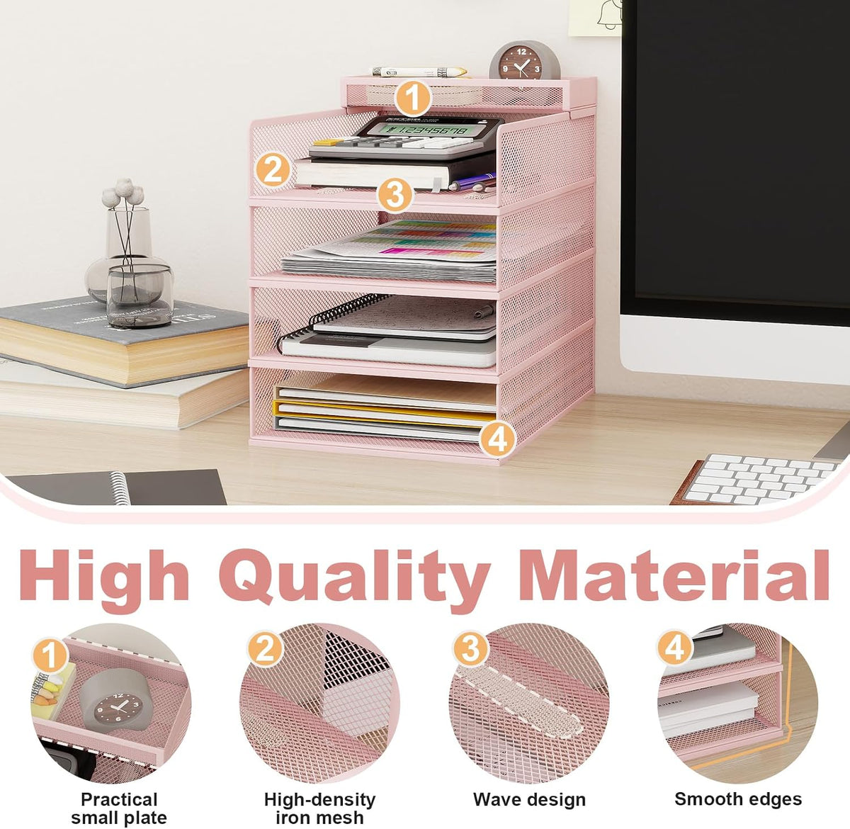 Natwind 4-Tier Stackable Metal Mesh Letter Paper Tray Organizer,Pink