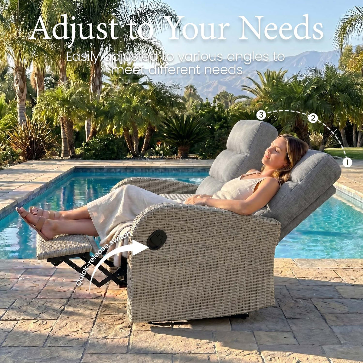 LayinSun Oversized Wicker Outdoor Recliner Lovseat with Adjustable Backrest & Footrest, Patio Reclining Lounge