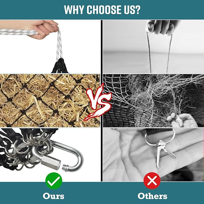 Hay Net for Horses,36 Inch Length Slow Feed Hay Net, Premium PE Material Hay Bags for Horses Goats Sheep, Easy to Hang with Steel Quick Links