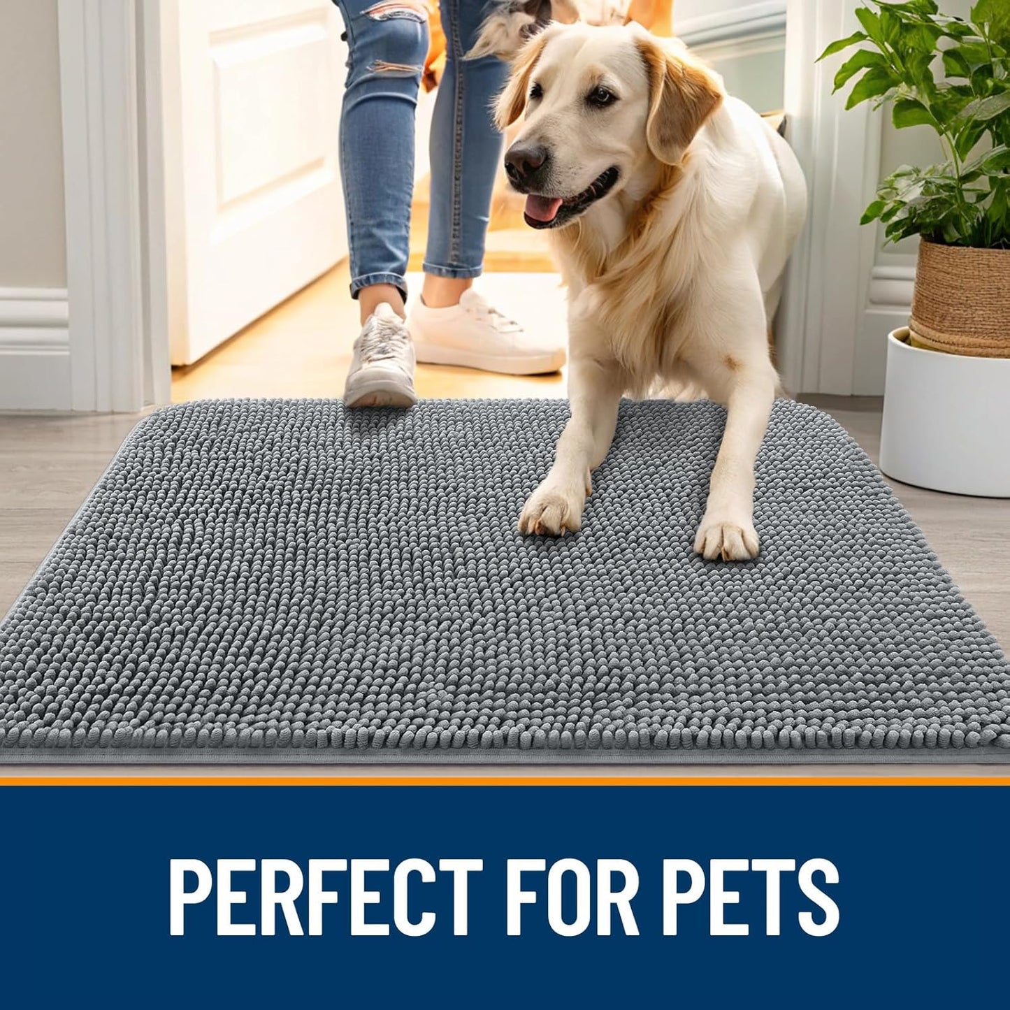 OLANLY Dog Door Mat for Muddy Paws 59x35, Absorbs Moisture and Dirt, Absorbent Non-Slip Washable Doormat, Quick Dry Chenille Mud Mat for Dogs, Entry Indoor Entryway Carpet for Inside Floor, Grey