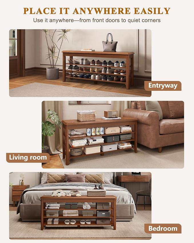 Shoe Rack Bench Seat Rubberwood 3-Tier Wooden Storage Bench 550lbs Compact
