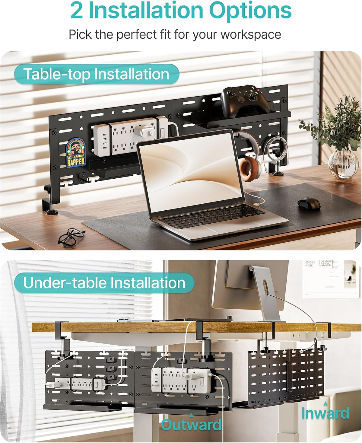 PEGZONE Under Desk Cable Management Tray, 30.2" No-Drill C-Clamp Pegboard