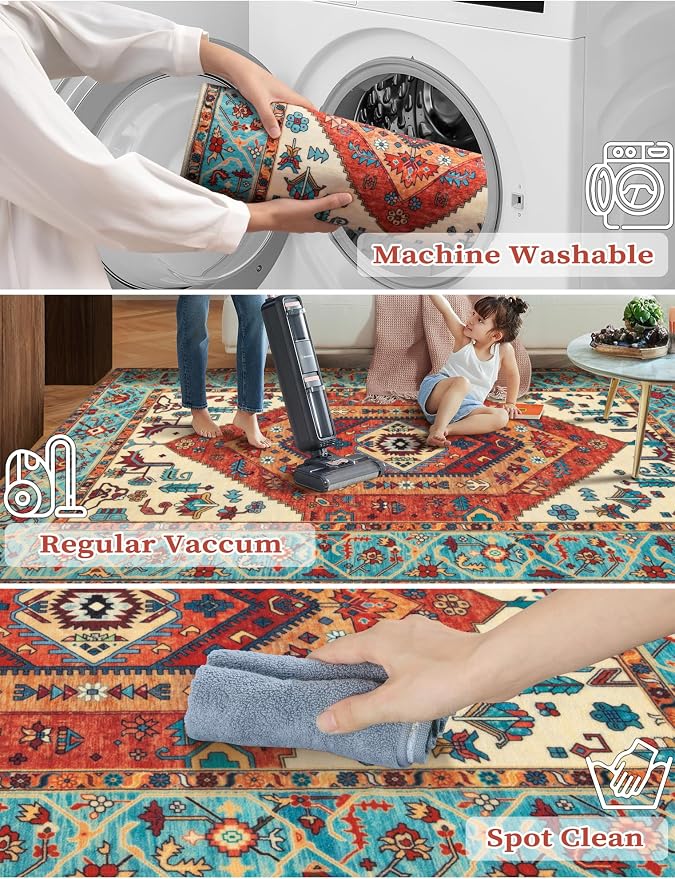 SERISSA Boho Washable Runner Rug, 2x5 Rug Runner Non-Slip Vintage Orange