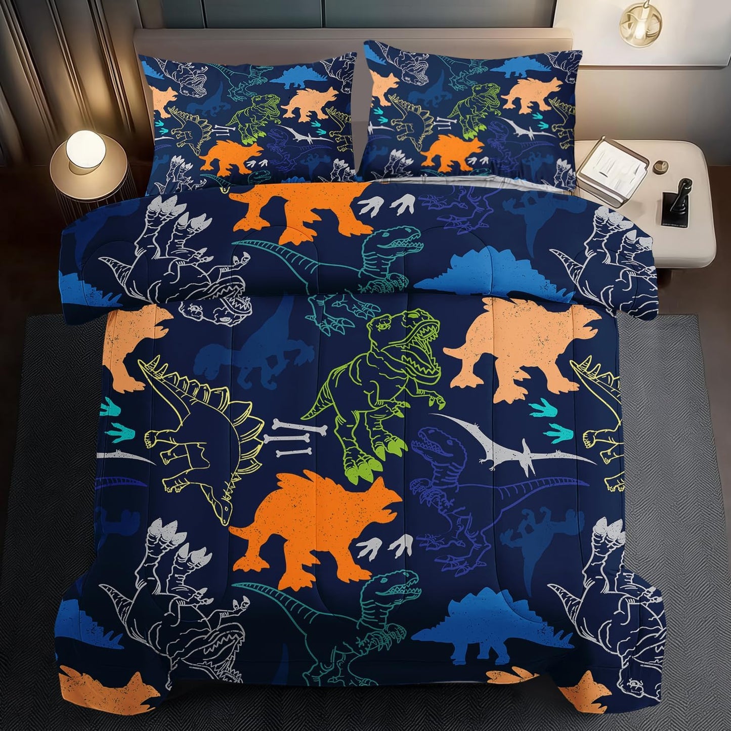 Blue Dinosaur Comforter Set Queen Boys,Cute Dinosaur Bedding Set Queen for Kids,Kawaii Dragon Comforter Blue Bedroom Decor,Cute Animal Bedding Kawaii Animal Quilt Boys