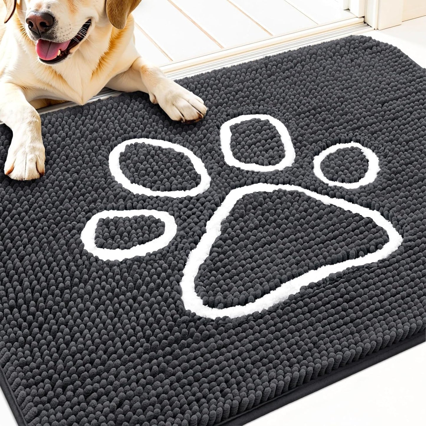 OLANLY Door Mat for Muddy Dog Paws 30x20, Ultra Absorbent Chenille Mud Doormat with Paw Print Design, Non-Slip Washable Doormat for Indoor Entryway, Quick-Dry Pet Bed Mats for Dirty Dogs, Dark Grey