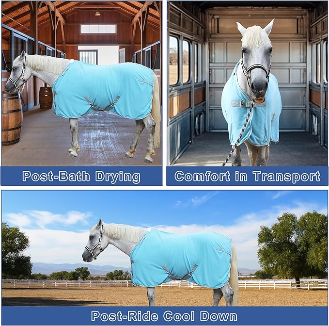 Horse Fleece Cooler, Blanket Liner - 300g Anti-Pilling Fleece, Moisture-Wicking, Cooling & Drying for Post-Workout, Bath & Travel, Prevent Overheating & Chilling Lightblue 84