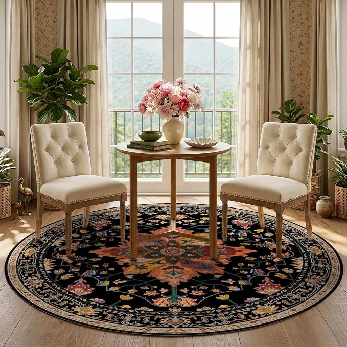 RELEANY Area Rugs Round 5ft Washable Non-Slip, Floral Vintage Distress