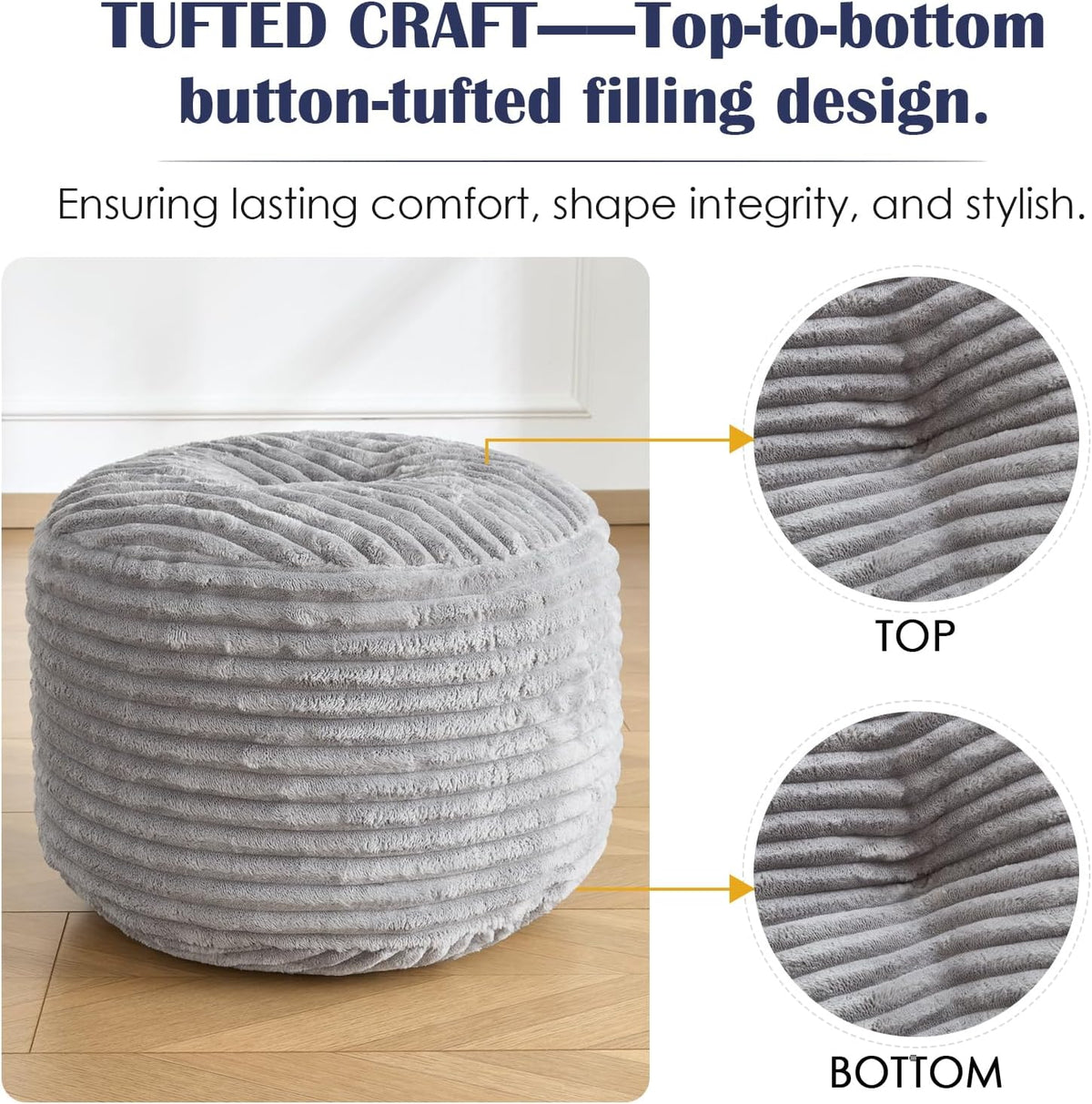 SHOUREN Stuffed Round Ottoman,Pouf Ottoman Foot Rest,20 X 15,Light Grey
