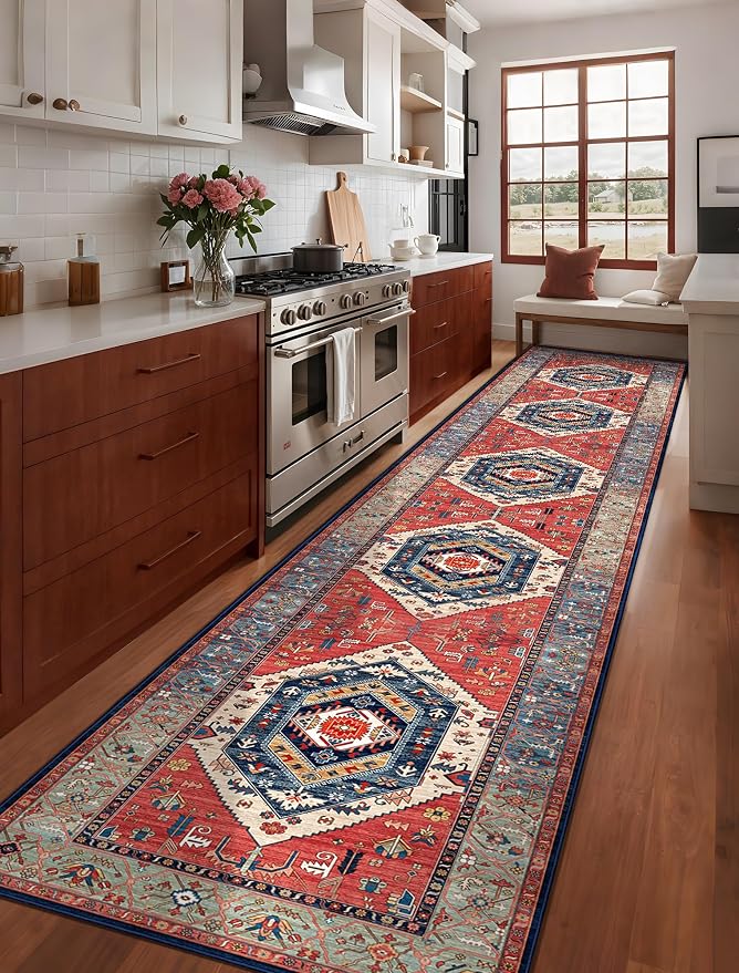 SERISSA Runner Rug for Hallways, Extra Long Boho Rug Ultra Soft Vintage Rust