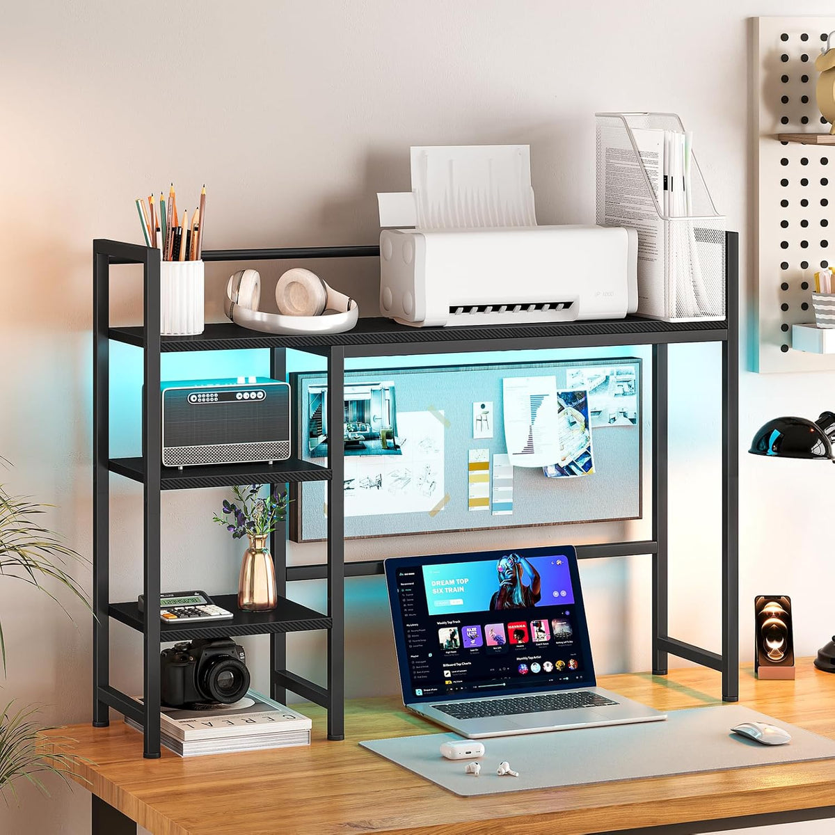 Snughome Desk Shelf with LED Strip, 38.6" Desktop Organizer Shelf, Desk Hutch for Computer Monitor, 4 Tier Desk Display Rack, Wood Desktop Bookshelf Storage Rack for Home Office Dorm
