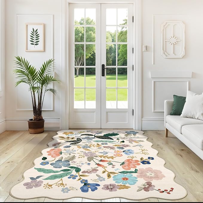 5x7 Living Room Area Rugs: Washable Floral Non-Slip Rug