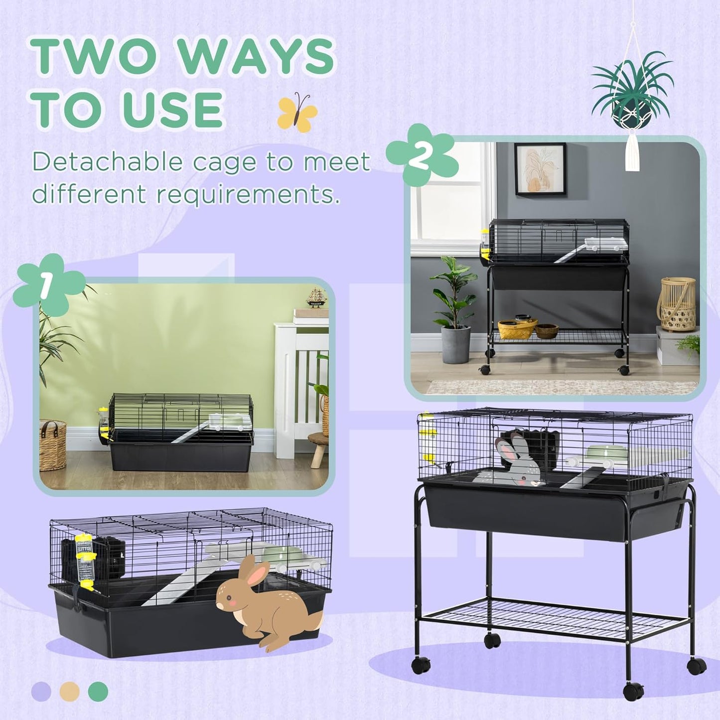 PawHut Two-Story Small Animal Cage Removable from Stand, Guinea Pig Cage with Shelf & Wheels, Pet Habitat for Hedgehog, Chinchilla, Ferret, 33" x 18.5" x 35", Black