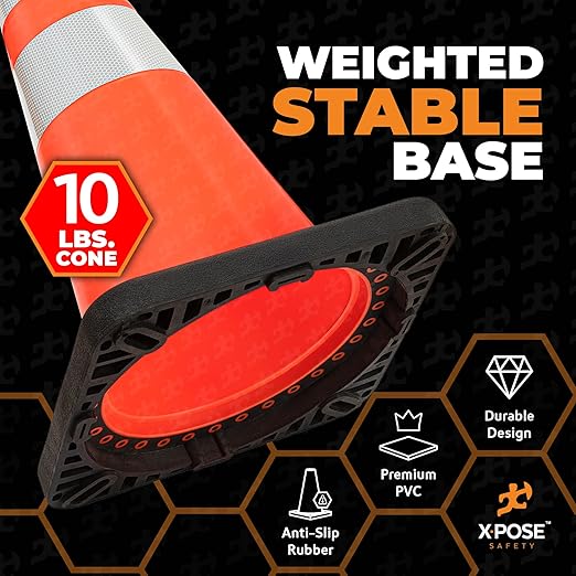 Xpose Safety 28 Inch Orange Traffic Cones Heavy Duty 10lb with 6" & 4" Collars, 48 Pack - Multipurpose PVC Plastic Safety Cone for Parking, Soccer, Caution, Kids and Construction - DOT Approved