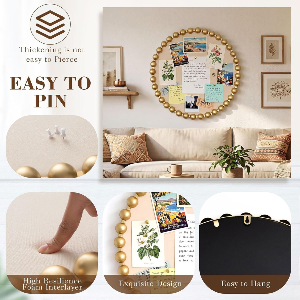 24 Inch Gold Bulletin Board, Beaded Frame Linen Fabric Pin Board