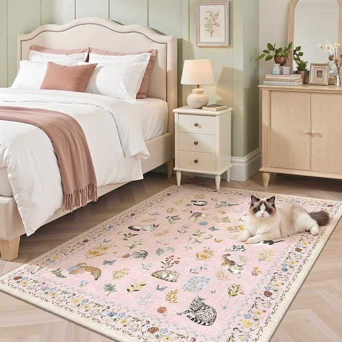 Soalmost Cat 3x5 Area Rugs for Entryway, Machine Washable Animal Floral Accent