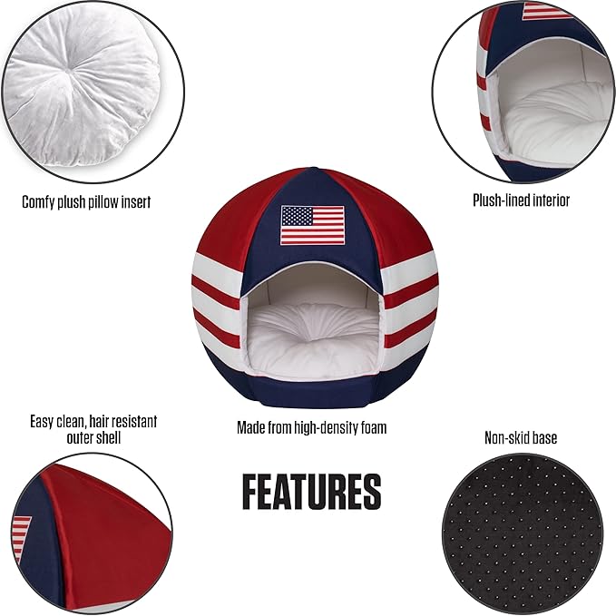 Maccabi Art US Country Dog Bed - Sports Themed Pet Bed - Fits Small Dogs, Puppies, Cats - Pillow Insert with Plush Lined Interrior, Non-Slip Igloo Design - 16 x 18 x 16