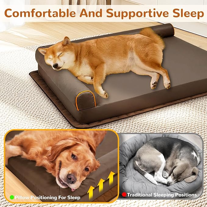 Big Dog Bed Orthopedic Memory Foam Dog Couch Waterproof with Anti-Slip Mat Washable Pet Beds Chew Proof (Brown)
