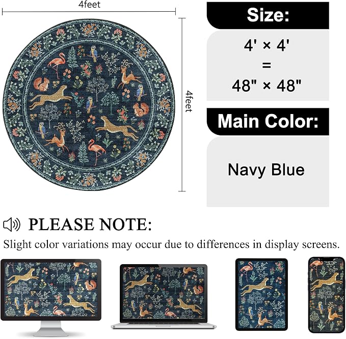 DUKINO 4ft Round Rug, Washable Round Area Rug, Non Slip Indoor Low Pile Animal