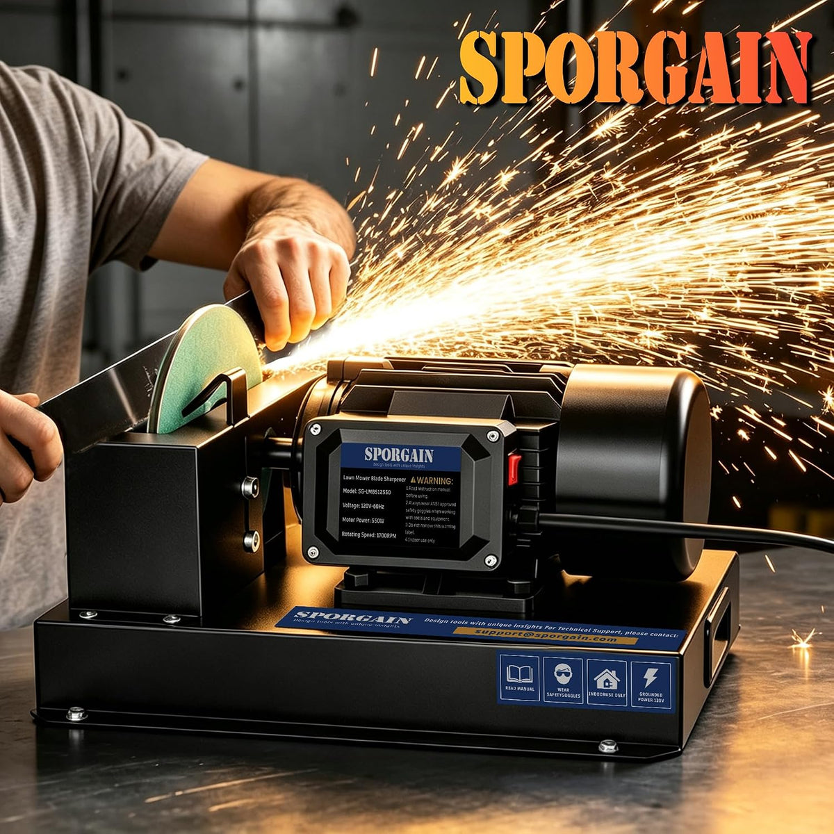 SporGain Updated Lawn Mower Blade Sharpener 2/3HP, 6 Sandpapers 60&180 Grit