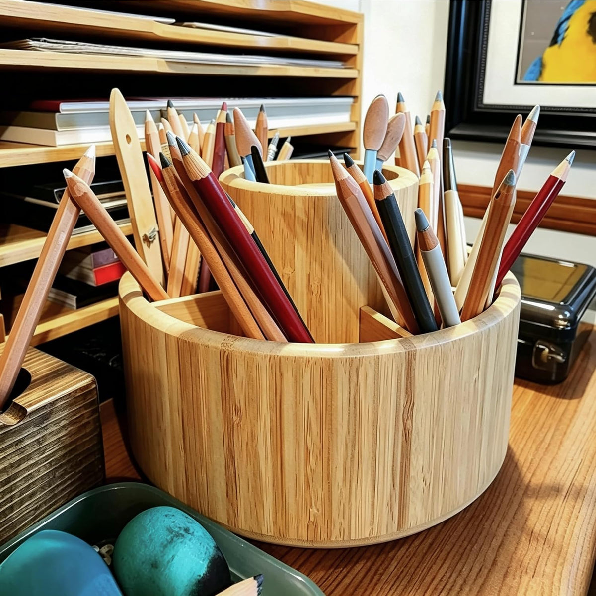 VaeFae 360 Rotating Bamboo Pen Holder for Desk, Art Supply Storage, Medium