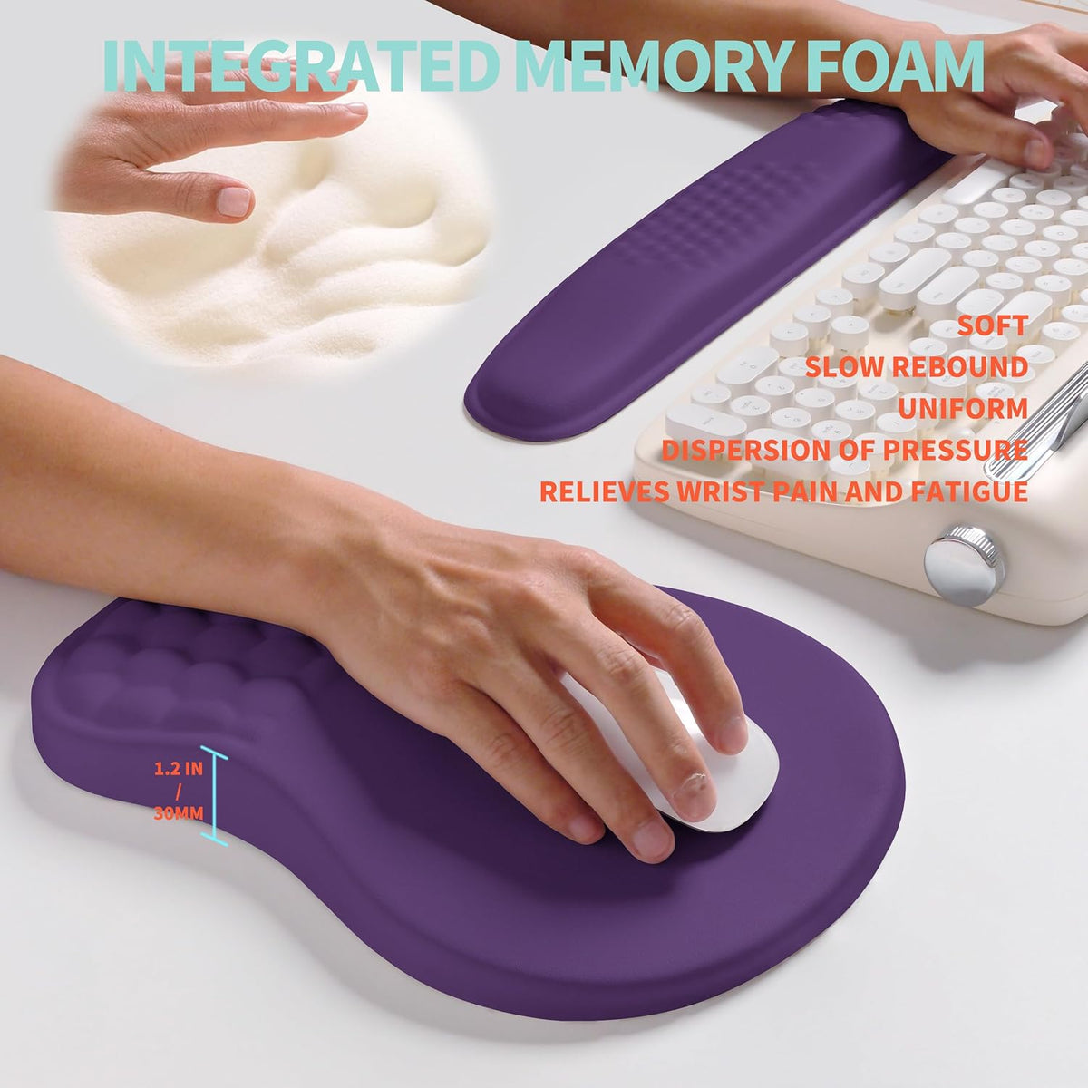 2-in-1 Ergonomic Set, Wave Rise Keyboard Wrist Rest and Massage Bulge Slope Mouse Pad Wrist Support, Cushion Memory Foam Integrated to Relieve Wrist Pain, Dark Purple