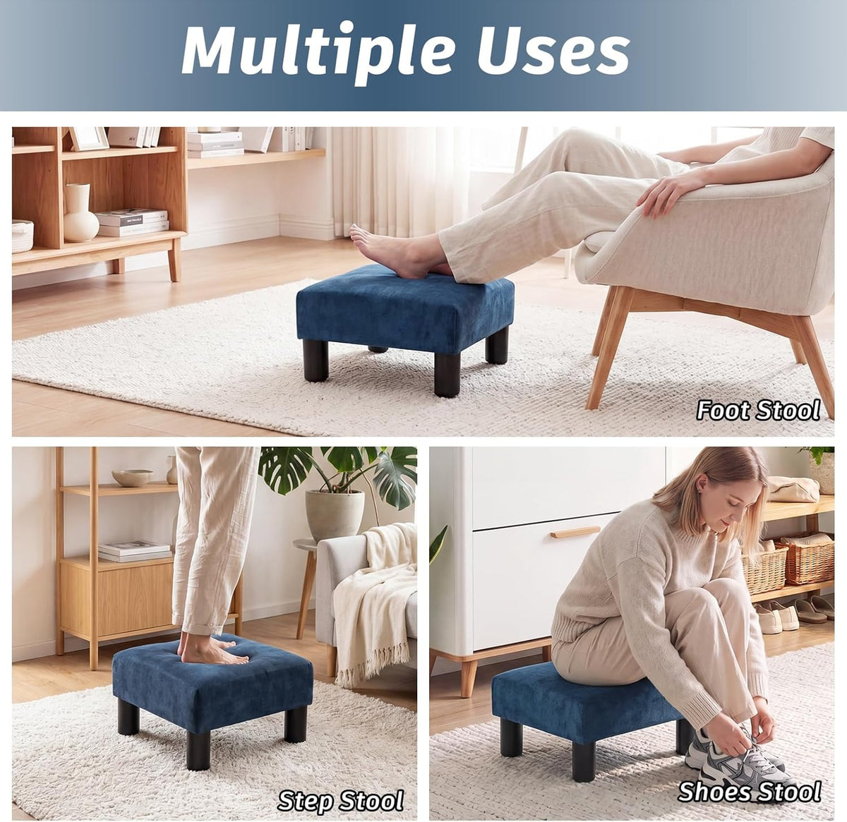 Joveco Small Foot Rest Stool Ottoman, 15" Fabric Square Short Low Footstool Upholstered Footrest for Chair, Under Office Desk, Living Room, Navy Blue