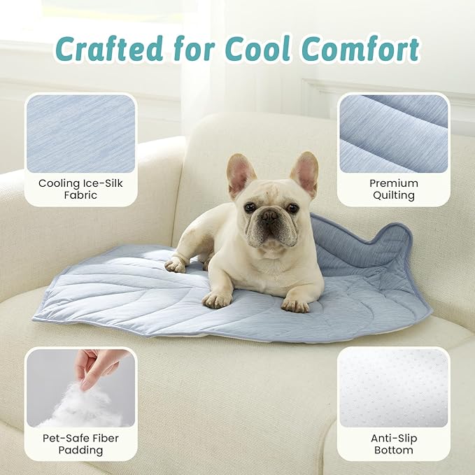 Dog Cooling Mat, Q-Max > 0.4 Leaf Shaped Pet Pad, Liquid Pee Proof Summer Mat for Cats, Washable Sleep Blanket for Bed Couch Floor Indoor, 39x34 inch, Blue