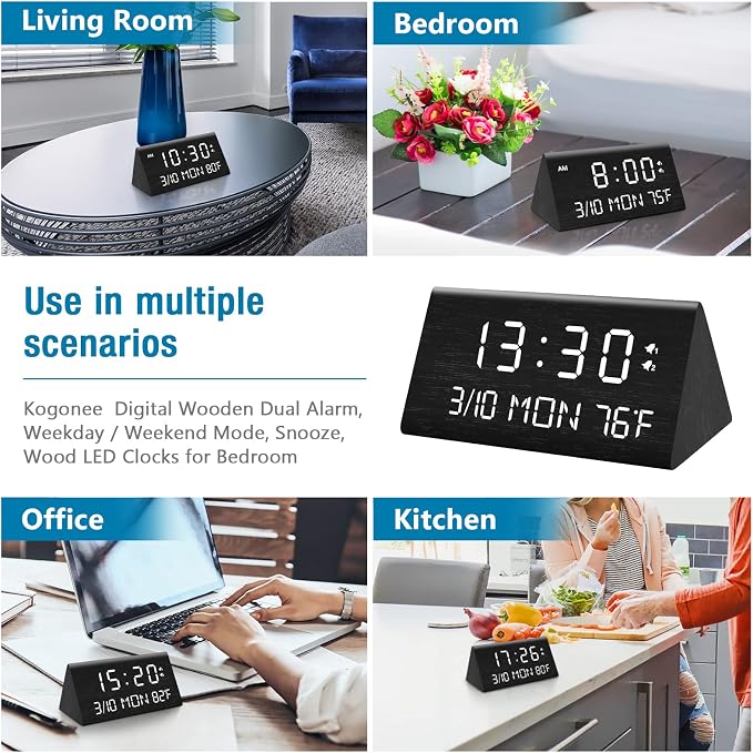 Kogonee Wooden Digital Alarm Clock, 0-100% Dimmer, 2 Alarm Settings,