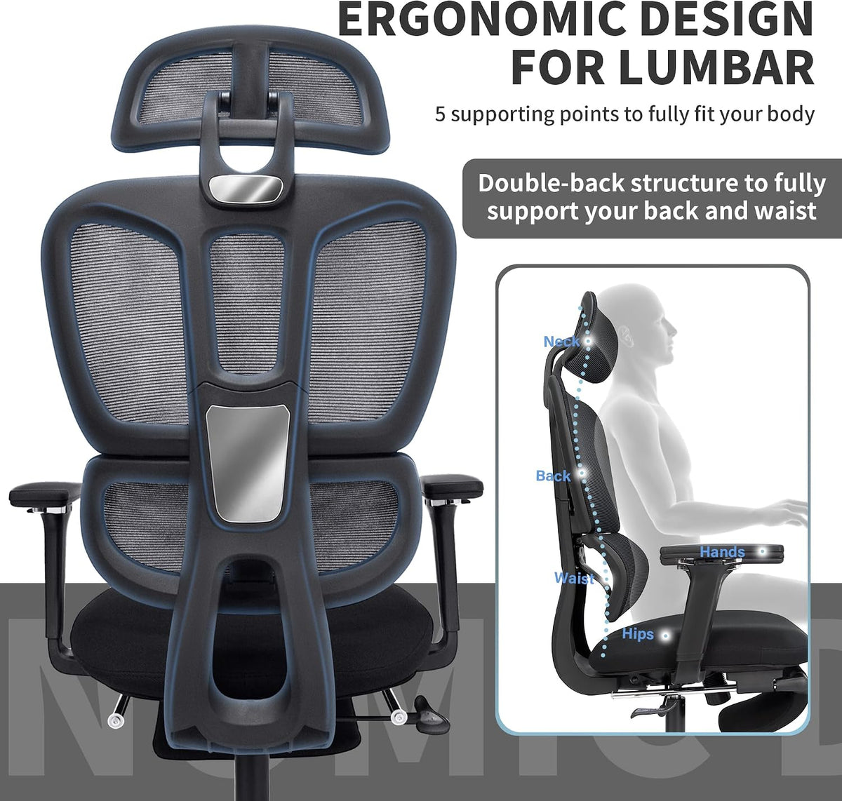 Ergonomic Office Chair with Footrest, 90-135° Reclining High Back Desk Chair with Lumbar Support, 2D Headrest, 4D Armrests, Computer Chair for Long Hours, Black