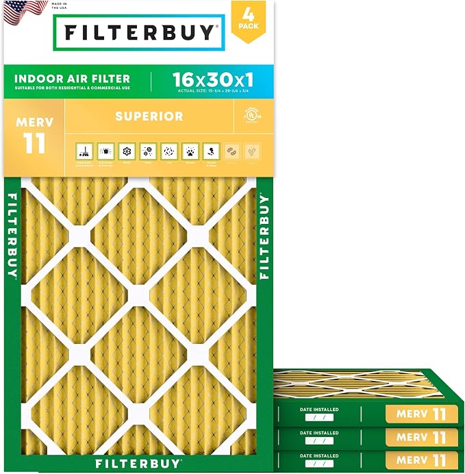 Filterbuy 16x30x1 Air Filter MERV 11 Superior Pet & Allergy Defense,