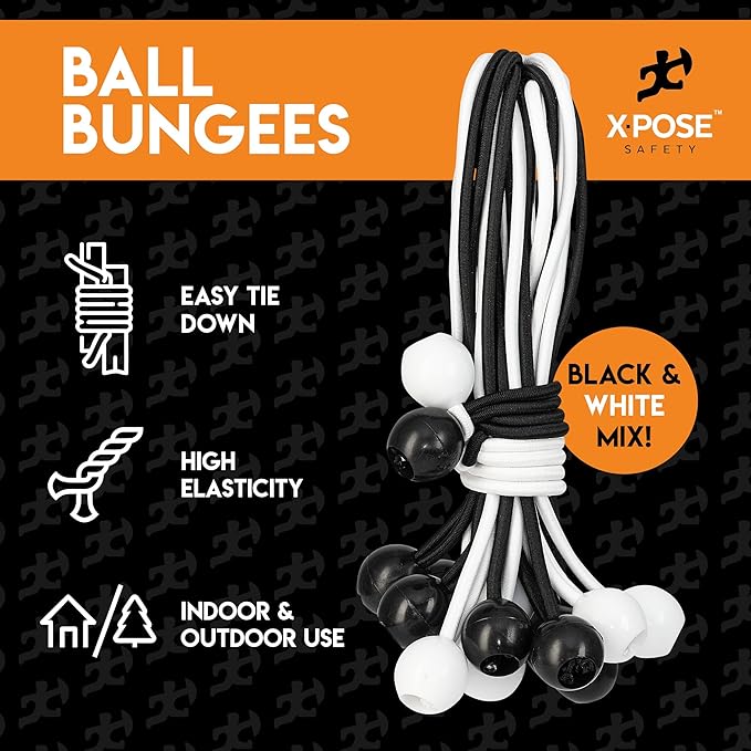 Xpose Safety Bungee Ball Cords 9" 25 Pack Heavy Duty Assorted Colors Black and White Stretch Rope with Ball Ties for Canopies, Tarps, Walls, Cable Organization