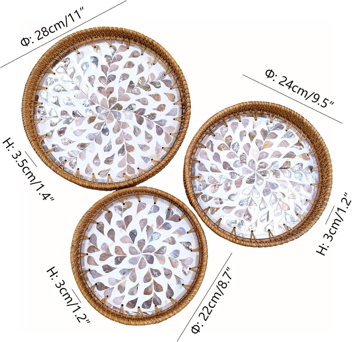 i-lan Set of 3 Round Rattan & Mother of Pearl Trays, Pearlescent Florals