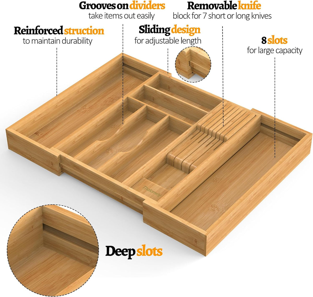 Bamboo Silverware Drawer Organizer, 6-8 Slots Kitchen Drawer Tray