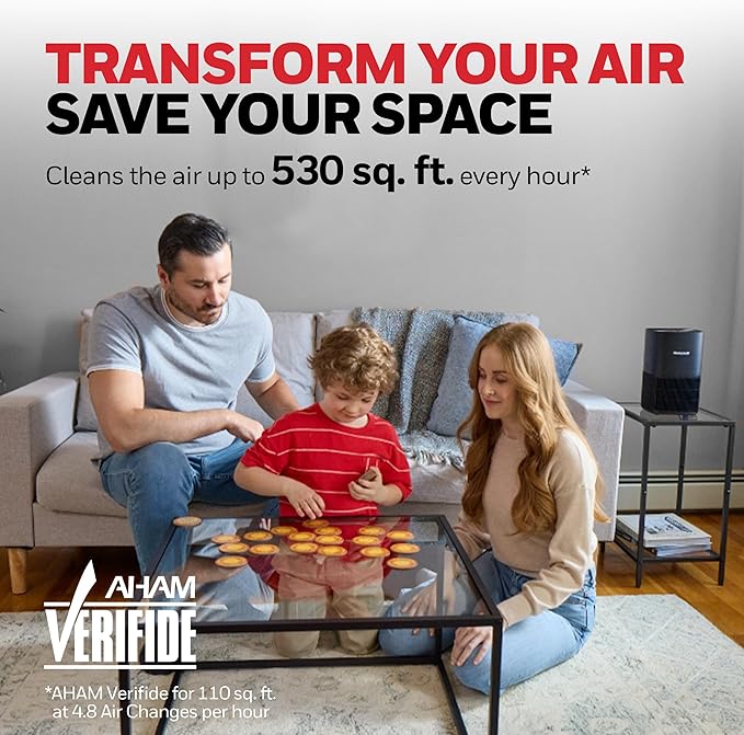 Honeywell Allergen Plus Compact HEPA Small Room Air Purifiers for Home, Up to 530 Ft² Coverage, 3-in-1 Filter, Pet Dander, Smoke & Odor Reducer Air Quality Sensor with Auto Mode, Black, HPA125B
