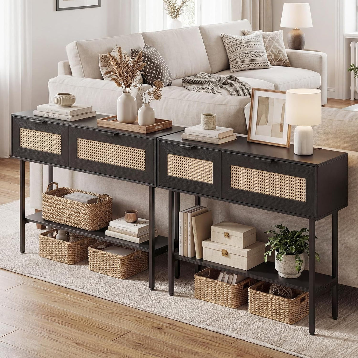 GIANTEX Rattan Console Table with Storage, 40" Long Boho Entryway Table